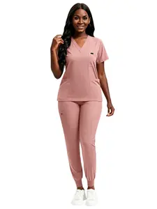 Women's V-Neck Scrub Set, 2-Piece Stretch Uniform with Jogger Pants, Multi-Pocket Breathable Workwear for Nurses Doctors, Multiple Colors Available