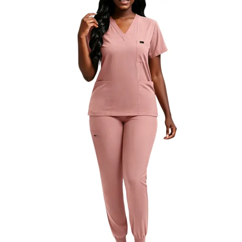Women's V-Neck Basic Scrub Set, 2-Piece Stretch Fitted Uniform with Jogger Pants, Multi-Pocket Breathable Workwear Nursing Scrubs Nurse Scrubs for Nurses Doctors, Multiple Colors Available Womenswear