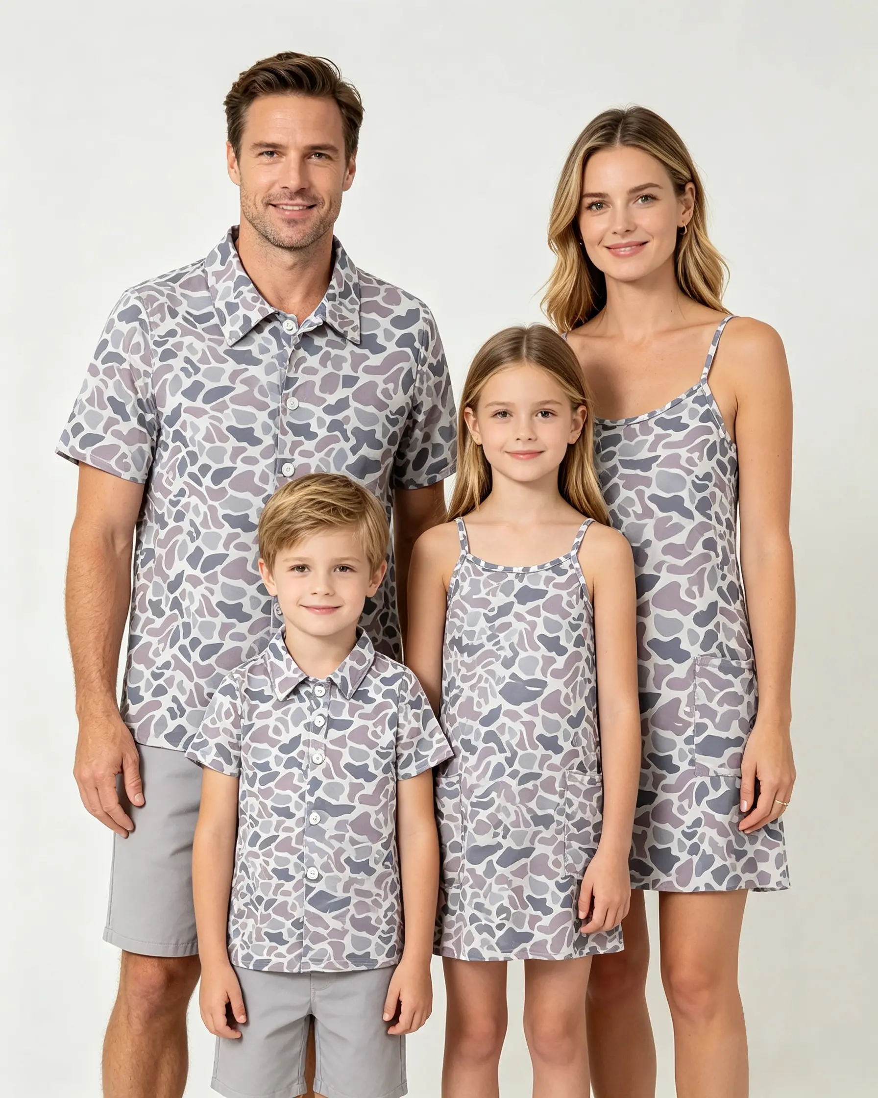 Grey Camo Family Matching  Father Son Button‑Down Shirts, Mother Daughter Sleeveless Pocket Dress, Matching Family  Beach Vacation Photoshoot Outfit