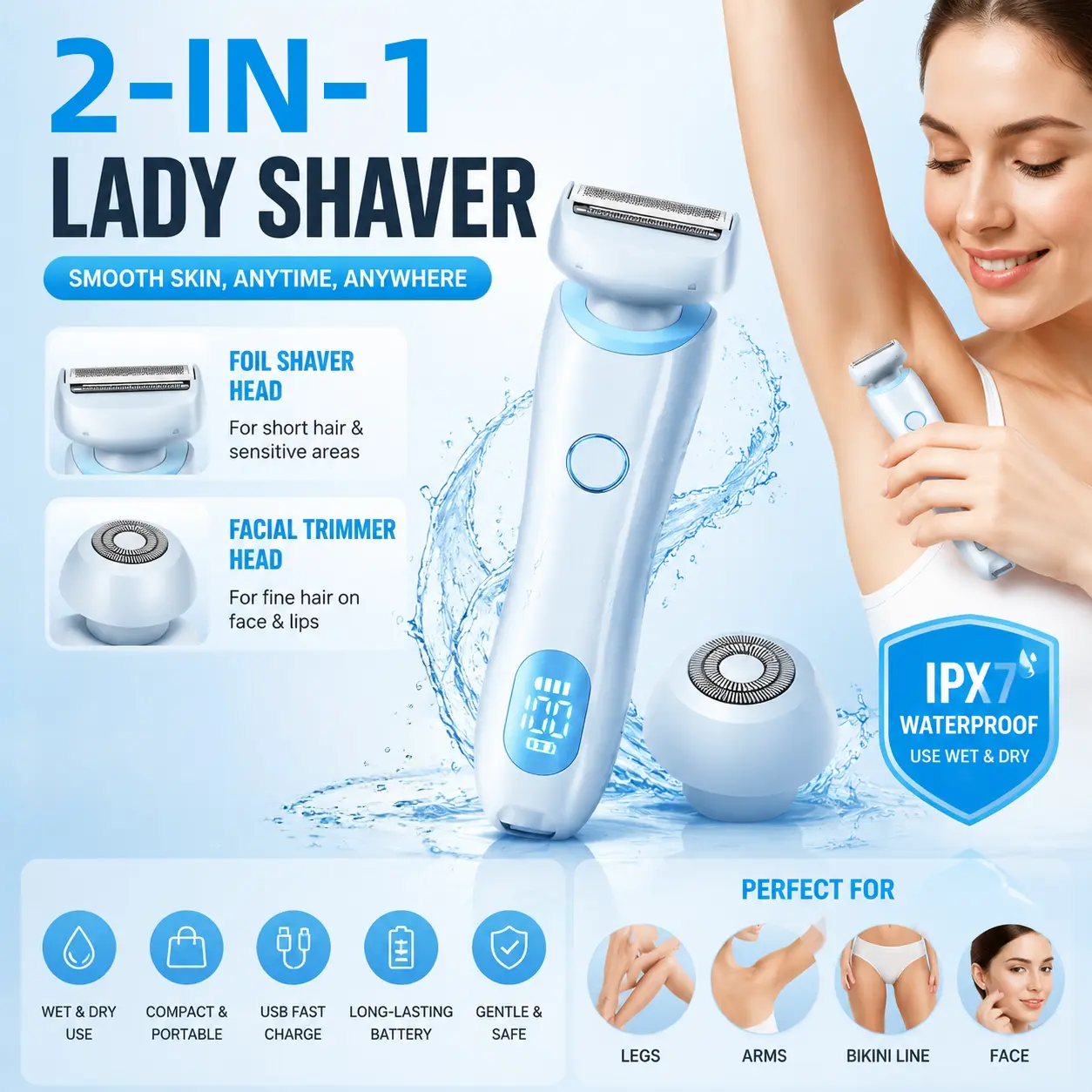 2-in-1 Electric Lady Shaver & Facial Trimmer - IPX7 Waterproof Painless Body Razor for Legs Armpits Bikini Face, Wet & Dry Rechargeable intimate gift removable head woman pubic hair washable blade