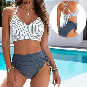 Womens Waisted Bikini Sets Drawstring Tummy Control Swimsuits Crisscross Tie Back Bathing Suit