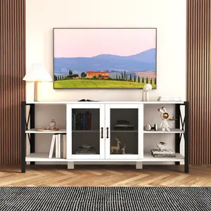 TV Stands for Living Room, Industrial TV Stand for Bedroom Furniture, Farmhouse TV Stand 80 Inch Television Stand , Modern Horizontal Wood and Metal Open Bookshelf