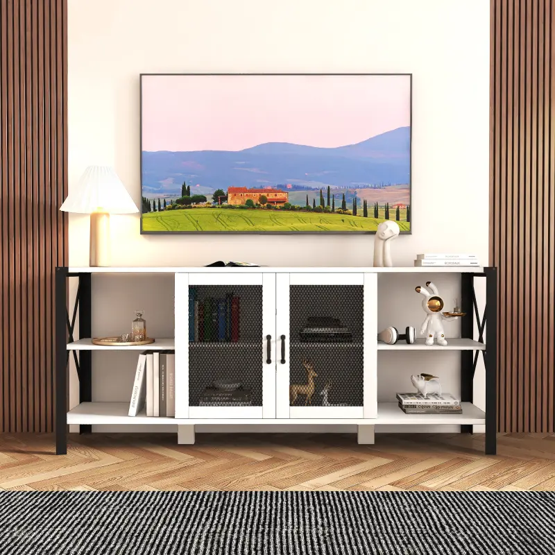 TV Stands for Living Room, Industrial TV Stand for Bedroom Furniture, Modern Horizontal Wood and Metal Open Bookshelf