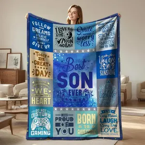 Son Inspirational Throw Blanket, "Best Son Ever" Flannel Blanket, Warm Cozy Blanket with Motivational Quotes, Soft Lightweight Gift Blanket for Boys, Teens, Gaming Lovers, Sofa Bed, Bedroom Decor, Birthday & Graduation Gifts