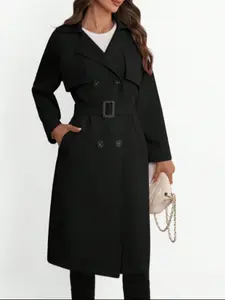 Women's Casual Elegant Fitted Solid Color Cuff Detail Lapel Trench Long Coat, Stylish Outerwear for Daily Wear, Perfect for Spring and Fall
