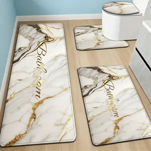 3/4 Piece Set Golden White Marble Pattern Printed Bathroom Mat Set, Non-Slip U-Shaped Toilet Mat, Floor Rugs for Bathroom, Laundry Room & Living Space