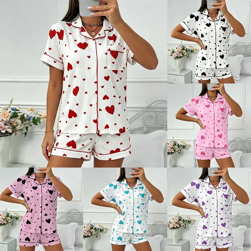 FEITAI Women's Two-Piece Pajama Set: Button-Down Top with Collar (Short Sleeve) and Shorts – Loungewear