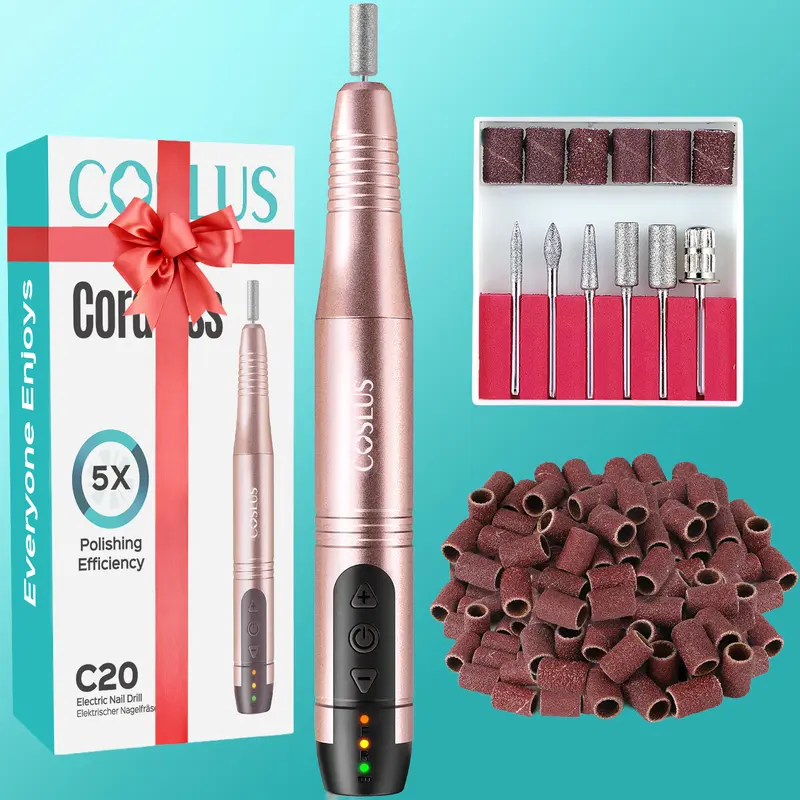 COSLUS C20 Cordless 5V Electric Nail Drill Kit - Lightweight E-File Pedicure Tool for Adults, Quiet Long-Lasting Power, 6-Bit Versatility, Cuticle Removal, Acrylic Nail Remover, Adjustable Speed At-Home Essential