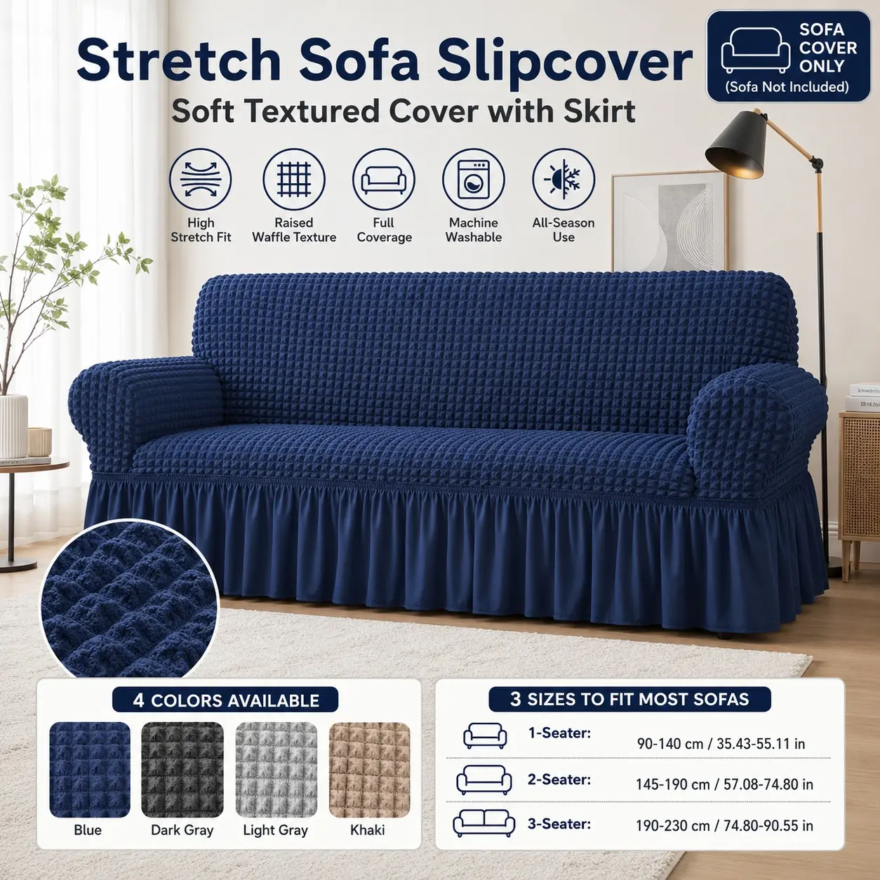 1 Piece Stretch Sofa Slipcover, Slipcovers for couches and sofas, Raised Bubble Seersucker Textured Sofa Cover, Full Coverage Dustproof Couch Protector Cover, Elastic Fitted Furniture Cover for 1/2/3 Seat Sofa, Pet & Kid Friendly, Washable