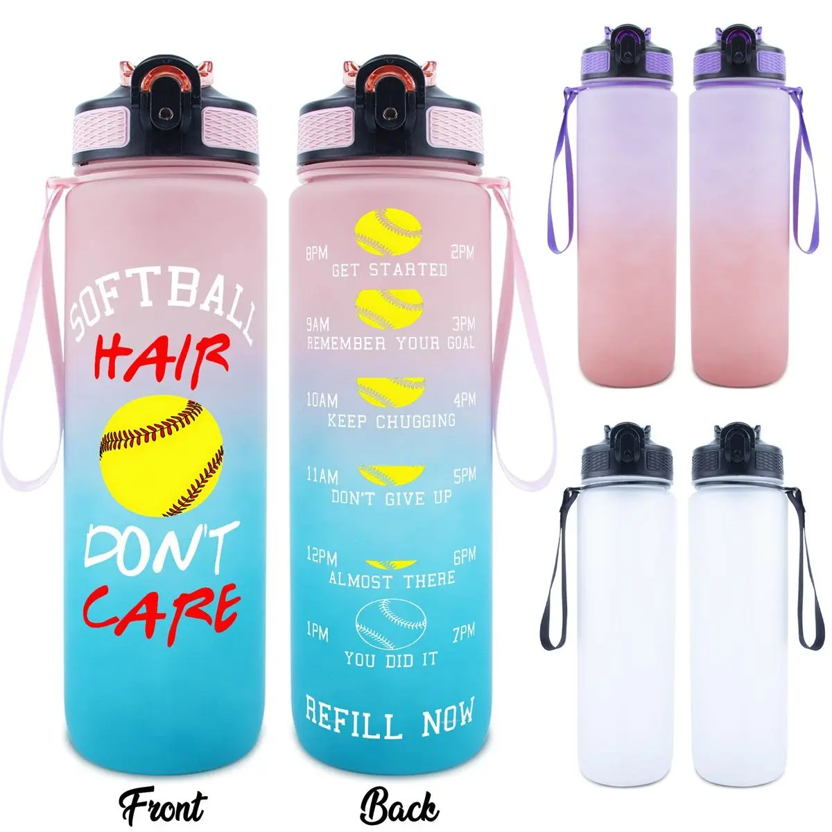 Softball & Letter Pattern Water Bottle, 1 Count 32oz Sports Water Bottle with Time Marker, Durable Large Capacity Hiking Water Bottle