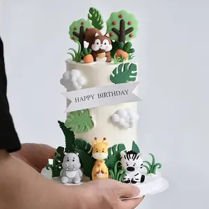 Animal System Forest Theme Kids Boy Birthday Cake Decorations, Cartoon Animals Zebra Hippo Squirrel Monkey Rabbit Elephant Baby Birthday Insert, Home Ornament