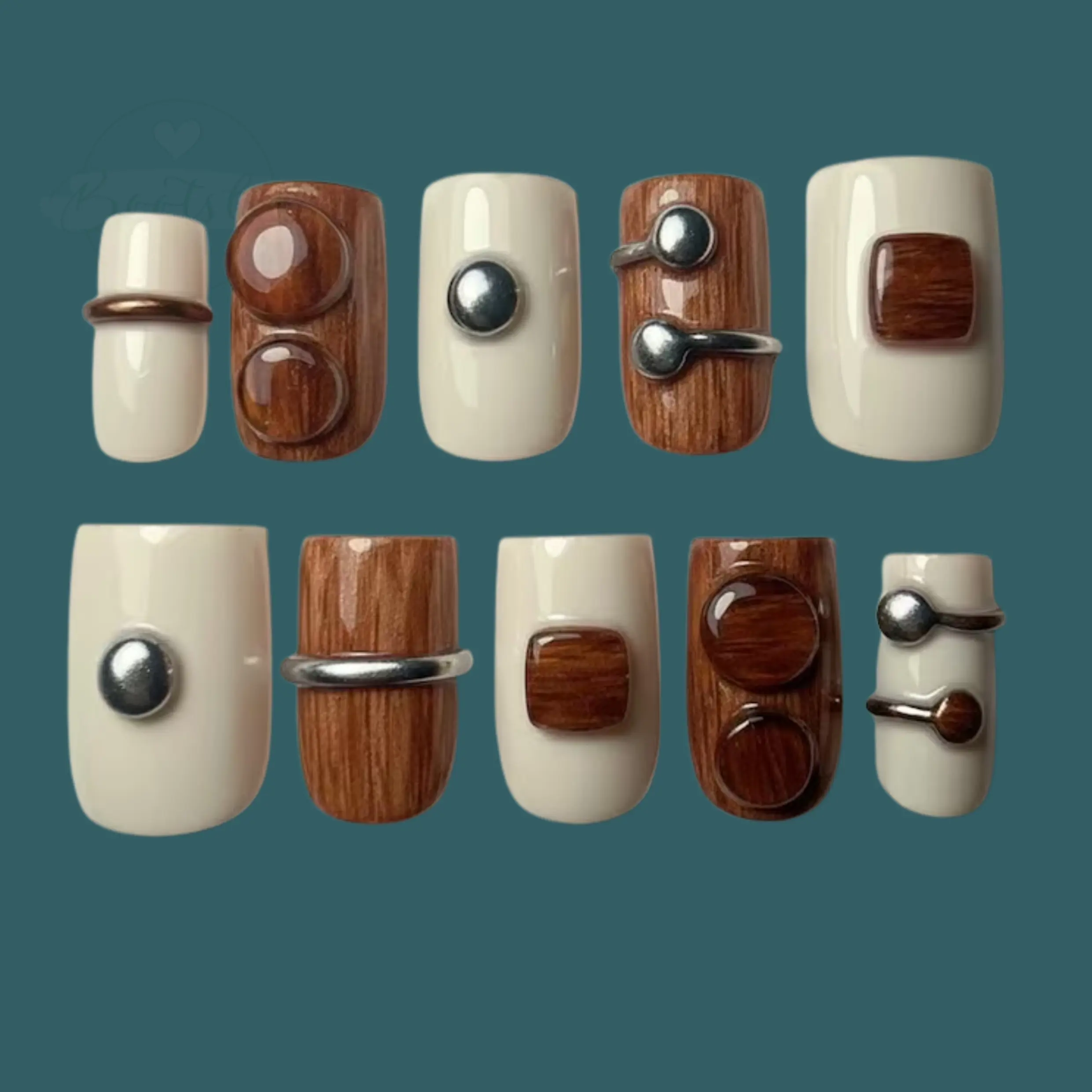 Clean Aesthetic Nail Art, Handcrafted Wood Texture & Cream Base, Unique 3D Hardware/Knob Press-Ons for a Modern Look