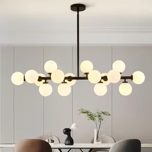 Black Globe Chandelier, Interior Mid Century Modern Hanging Pendant Lighting for Home Dining Room, 16 Lights, Milky White Glass Globe Lampshade