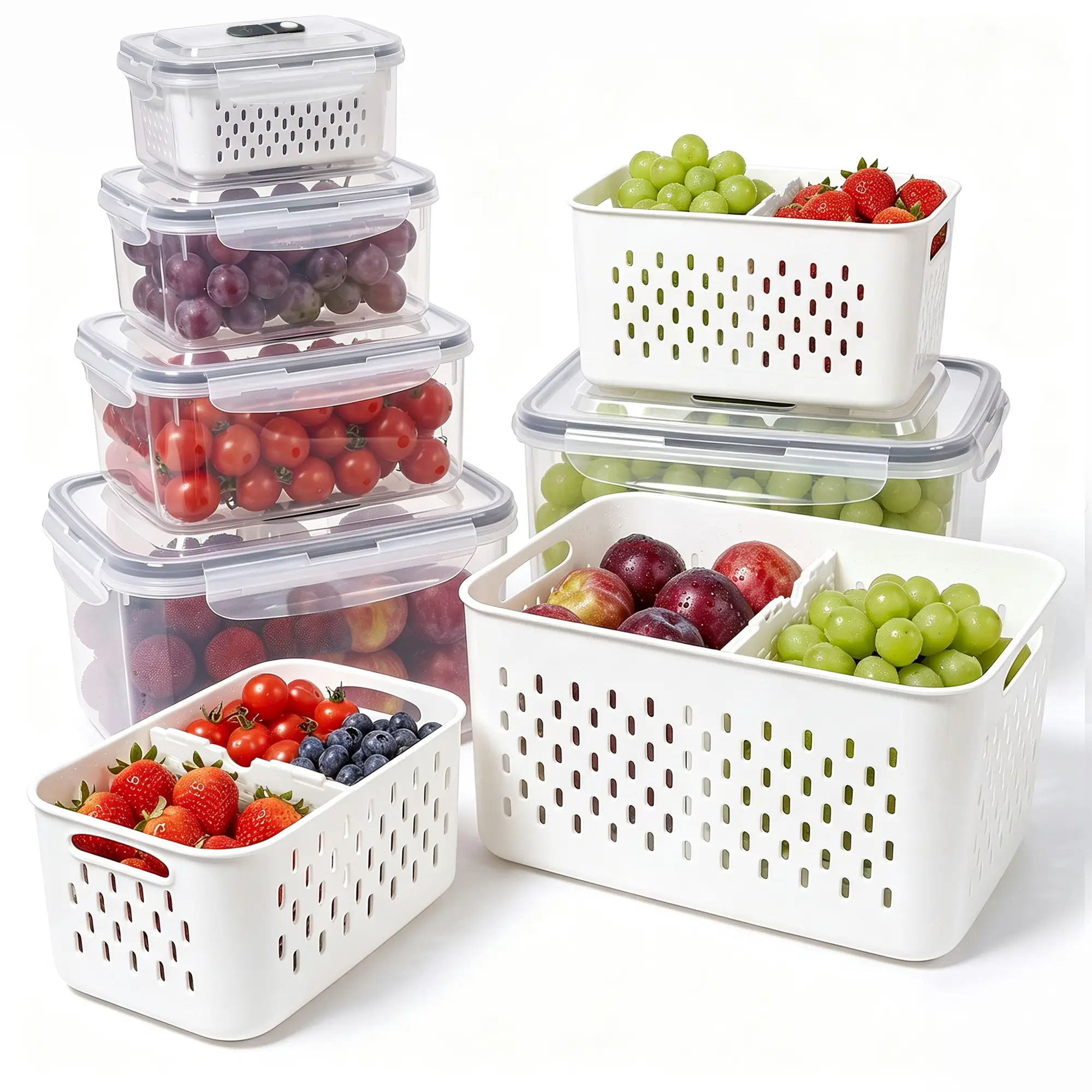5 Pack Clear Airtight Fruit Storage Containers for Fridge - Kitchen Preserving Bins with Colander, Dividers, and Vent Handle Lids to Keep Produce Fresh
