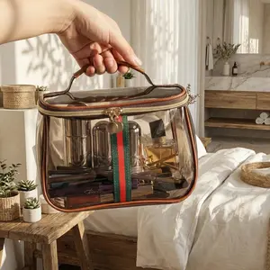 Clear TSA Makeup Bag Organizer Large Capacity Waterproof Travel Toiletry Bag Wide Handle Heavy Duty Zipper Transparent Cosmetic Pouch for Full Size Skincare Toiletries Airport Security Friendly
