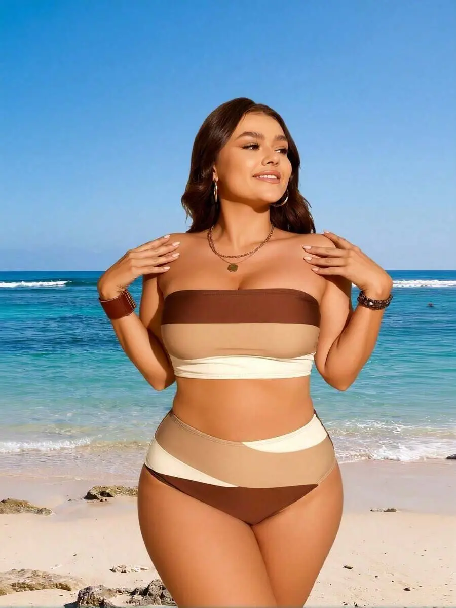 2026 New Women's Plus Size Bikini Set: Brown & Beige Color Block, Bandeau Top, High-Waist Bottoms, Retro Beach Style
