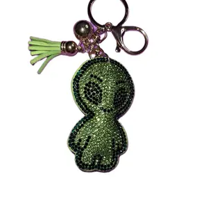 Green Alien Bag Charm or Keychain with Sparkling Rhinestones and Tassel Accessory for Bags and Keys