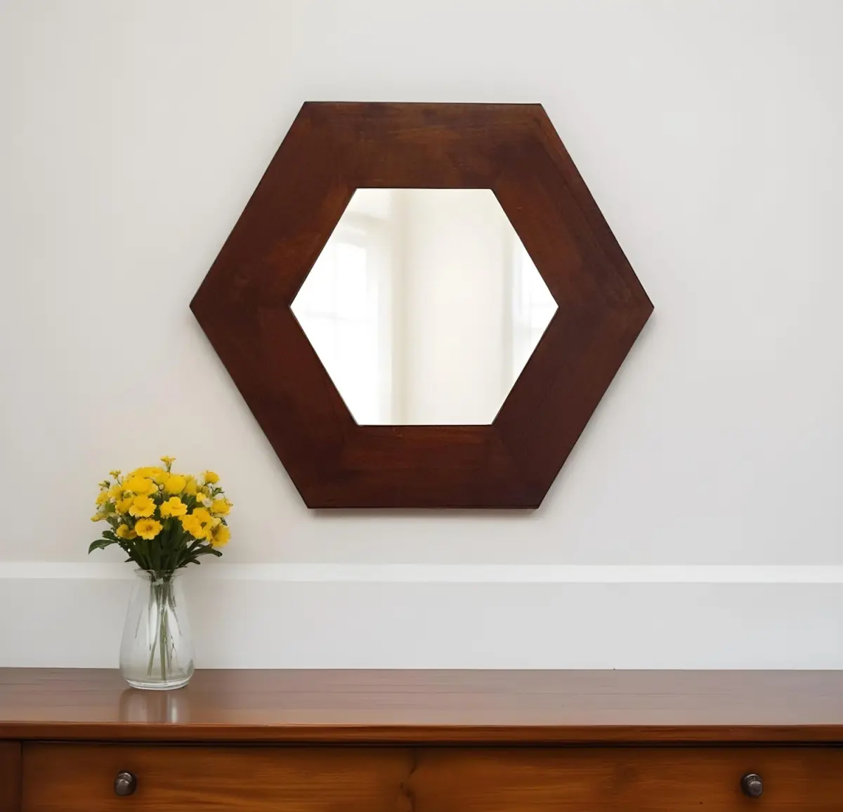 360 Stand 19 in. Dark Brown Geometric Hexagon Solid Wood Framed Glass Wall Mirror, Teak Wood Construction, Transitional Traditional Home Decor with Mount & Installation Options for Lounge Home Supplies, Decorative Wall-Mounted Mirrors, Room Accessories, V