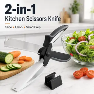 2-in-1 Kitchen Scissors Knife, Detachable Salad Chopper with Stainless Steel Blades, Vegetable Cutter for Cucumbers, Carrots, Herbs, Fast Food Prep Tool with Safety Lock and Storage Holder for Home Kitchen Use