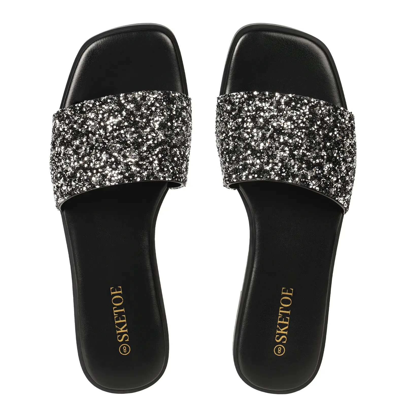 Women's Rhinestone Slippers Flat Black Sandals Sparkly Sandals Square Open Toe and bling Sandals for Casual Wear Indoor Outdoor for the beach and vacation Summer Vibes,Comfortable and Versatile Holiday Footwear,2026 Fashion