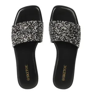 Women's Rhinestone Slippers Flat Black Sandals Sparkly Sandals Square Open Toe and bling Sandals for Casual Wear Indoor Outdoor for the beach and vacation Summer Vibes Mother's Day gift