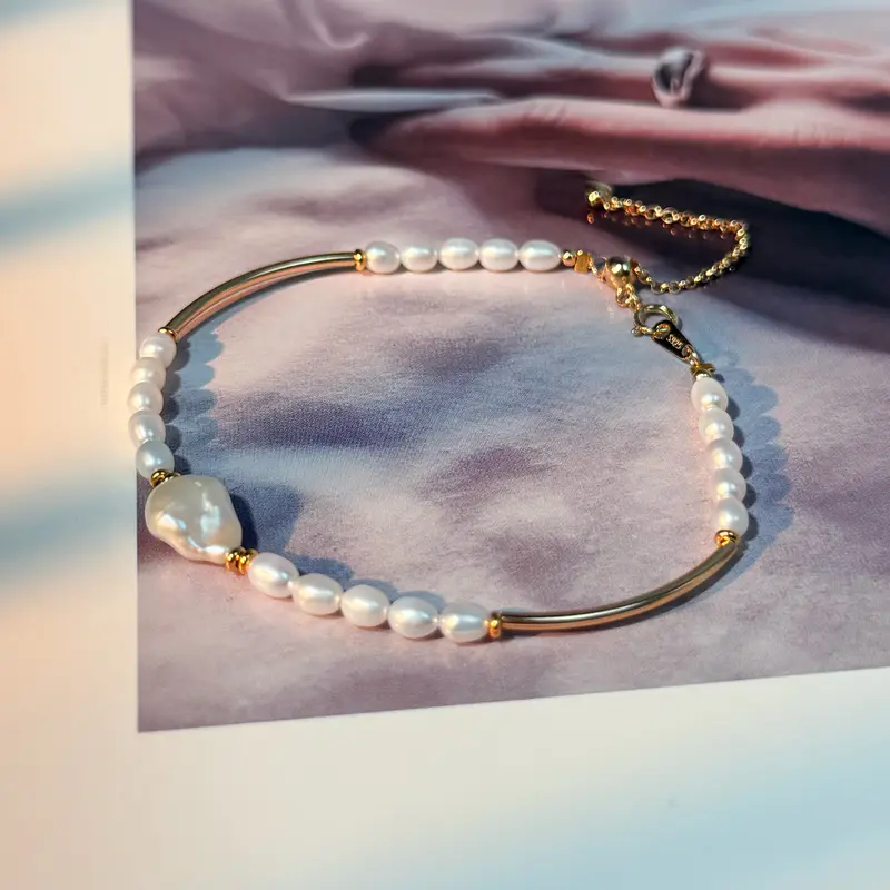 Genuine Natural White Baroque Freshwater Pearl Stretch Bracelet – 8-9mm – 7.5 Inches – Handmade Beauty