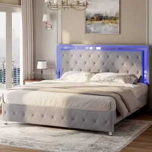 Full/Queen Size Velvet Upholstered Platform Bed Frame With LED Lights, Headboard & Footboard - No Box Spring Required, Light Grey