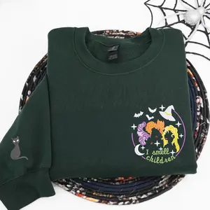 I Smell Children Embroidered Sweatshirt – Witchy Halloween Crewneck – Halloween Sanderson Sisters Inspired Sweatshirt – Funny Spooky Fall Sweater Gift for Friends Casual Black