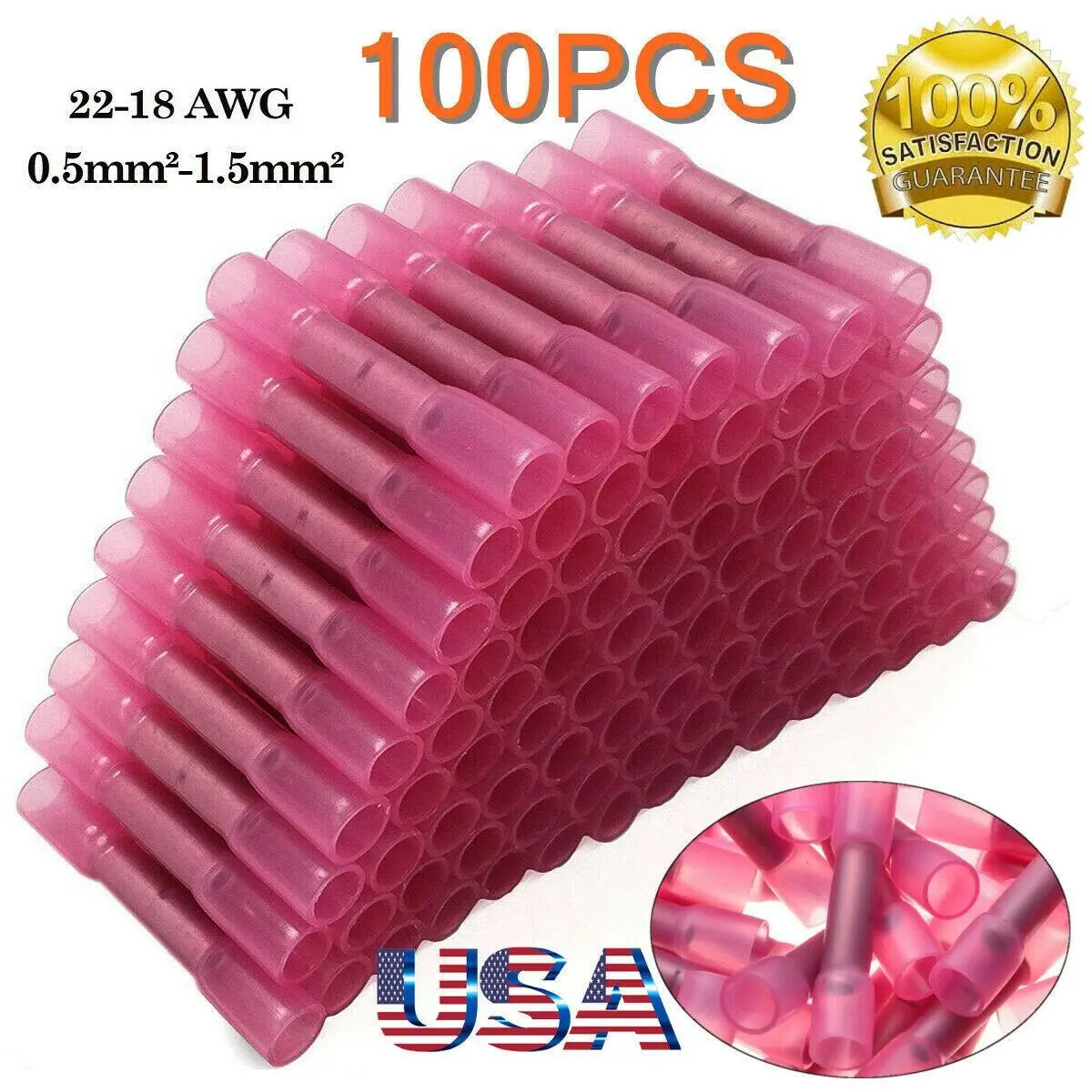 300Pcs Insulated Heat Shrink Butt Wire Connectors Durable Reliable 16-22 Gauge PE Insulation Plated Copper Core Waterproof Corrosion Resistant