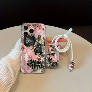 Halloween Skull Skeleton Marble Pattern Phone Case Set, Includes Charger Cover & Cable Protector, Anti-Drop Protection Tpu Shell for iPhone Models