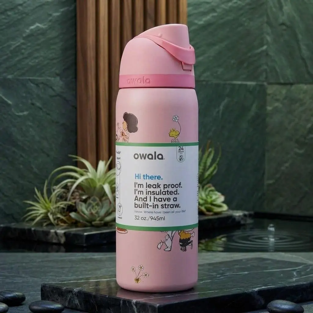 [SALE OFF 50% - LIMITED STOCK] Owala FreeSip 32oz Pink ANIME PATTERN Water Bottle, Leakproof Built-in Straw, BPA Free Stainless Steel Cup, 24H Cold 12H Hot Travel Gym Bottle#Owala