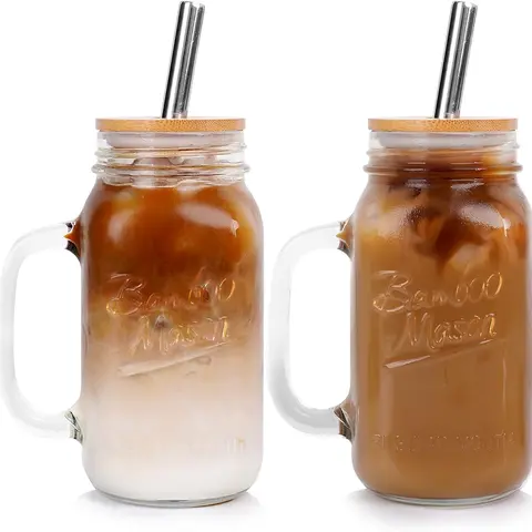 ANOTION   24oz Mason Jar with Lid and Straw, Regular Mouth with Handle Drinking Glasses Tumbler Reusable Boba Smoothie Water Bottles for Iced Coffee