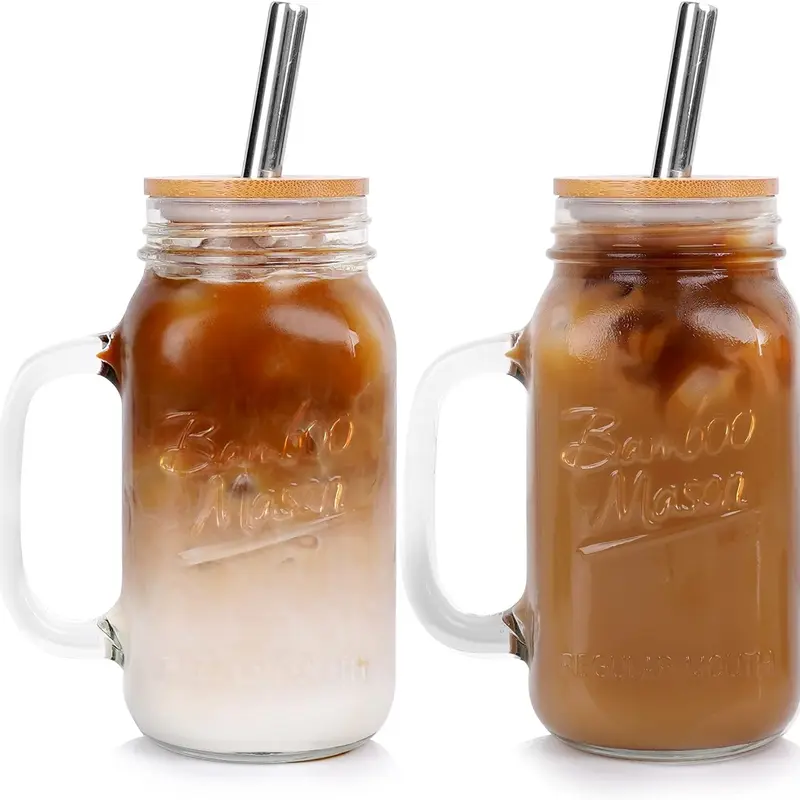 ANOTION 24oz Mason Jar with Lid and Straw, Regular Mouth with Handle Drinking Glasses Tumbler Reusable Boba Smoothie Water Bottles for Iced Coffee