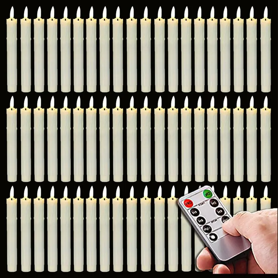 6/60pcs Flameless Ivory Taper Candles Flickering with 10-Key Remote, Battery Operated Led Warm 3D Wick Light Window Candles Real Wax, Christmas Home Wedding Decor(0.78 X 6.88 Inch)