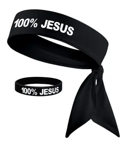 100% Jesus Sports Head Tie Headband & Silicone Wristband Soccer Fútbol Football White Black Athletics Fitness Stretch Sweatband Bandana Men's Women's Teens Youth Sweat Band Head Tie Back