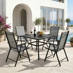 Outdoor dining table set for 4 people, 37-inch metal square outdoor dining table with umbrella hole and breathable mesh stackable chairs, 5-piece patio dining table and chair set, suitable for garden backyard, beige and black
