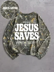 "Jesus Saves" double-sided letter print Christian women's autumn and winter retro trendy ethnic dead tree pattern full print casual easy-matching loose round neck pullover shirt top, John 3:16 scripture print sweater, Sweatshirt