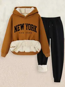 Women's Hooded Sweatshirt Set, New York Letter Print, Casual Loose Fit, Thick Fabric, Fall & Winter Wear, 2 Piece, Womenswear