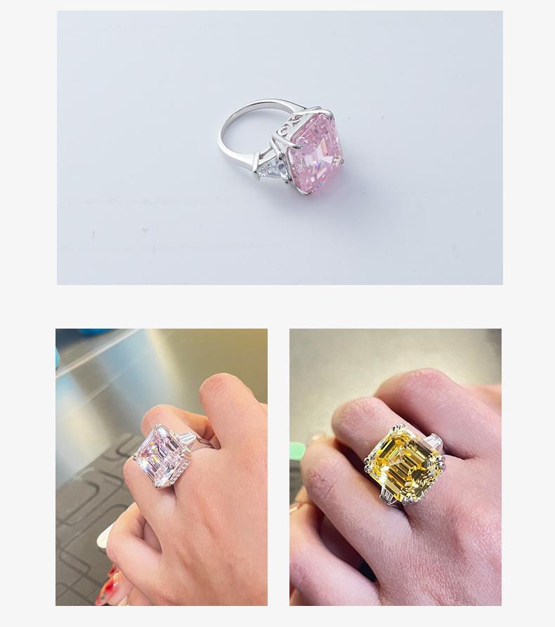 [Venus Jewelry] Lab Created Gemstone 15 CCT Emerald Cut Luxury Triple Stone Solid Silver 925 Sterling Ring