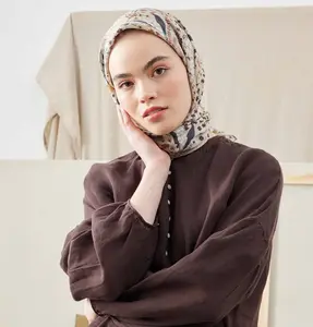 Patterned Viscose Cotton Square Hijab Tiny Garden - Beige
