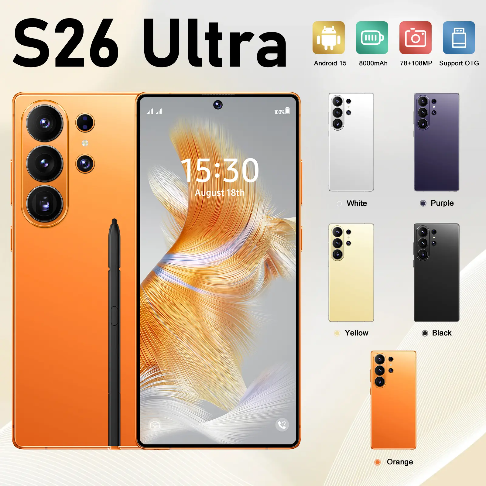 2026 S26 Ultra Unlocked 5G Smartphone - 12GB+512GB, Android 15, 8000mAh Battery, Built-in Pen, Complete Gift Set for Men/Women