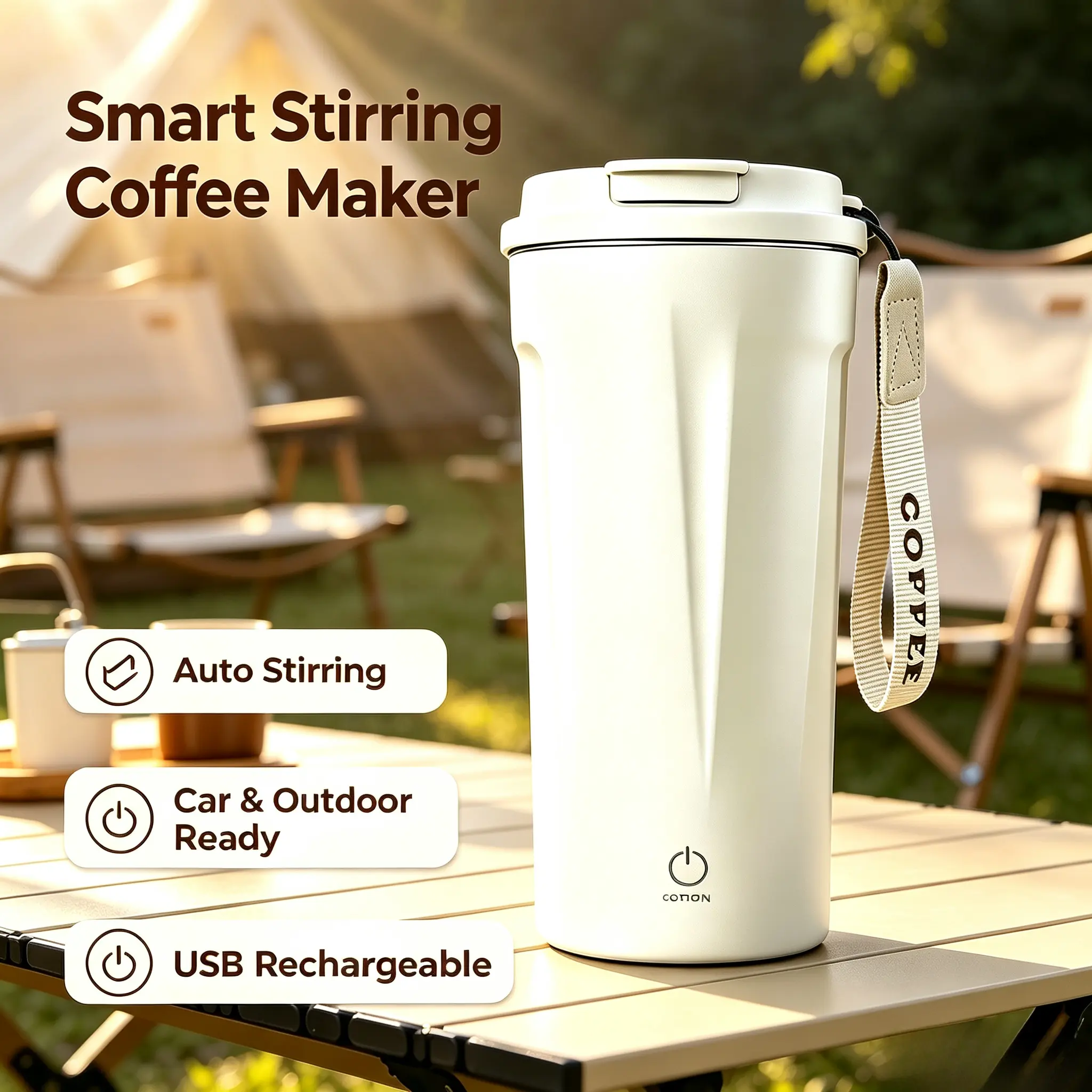 2026 New Modern Beige Rechargeable Smart Travel Mug - Food-Grade Stainless Steel, Double Spout Straw, Temperature Display, Leak-Proof Lid, Paracord Handle, Portable Sporty Tumbler for Outdoor Hike & Car Use, Smart Mug, Flasks, Flask Bottle, Unisex, Temper