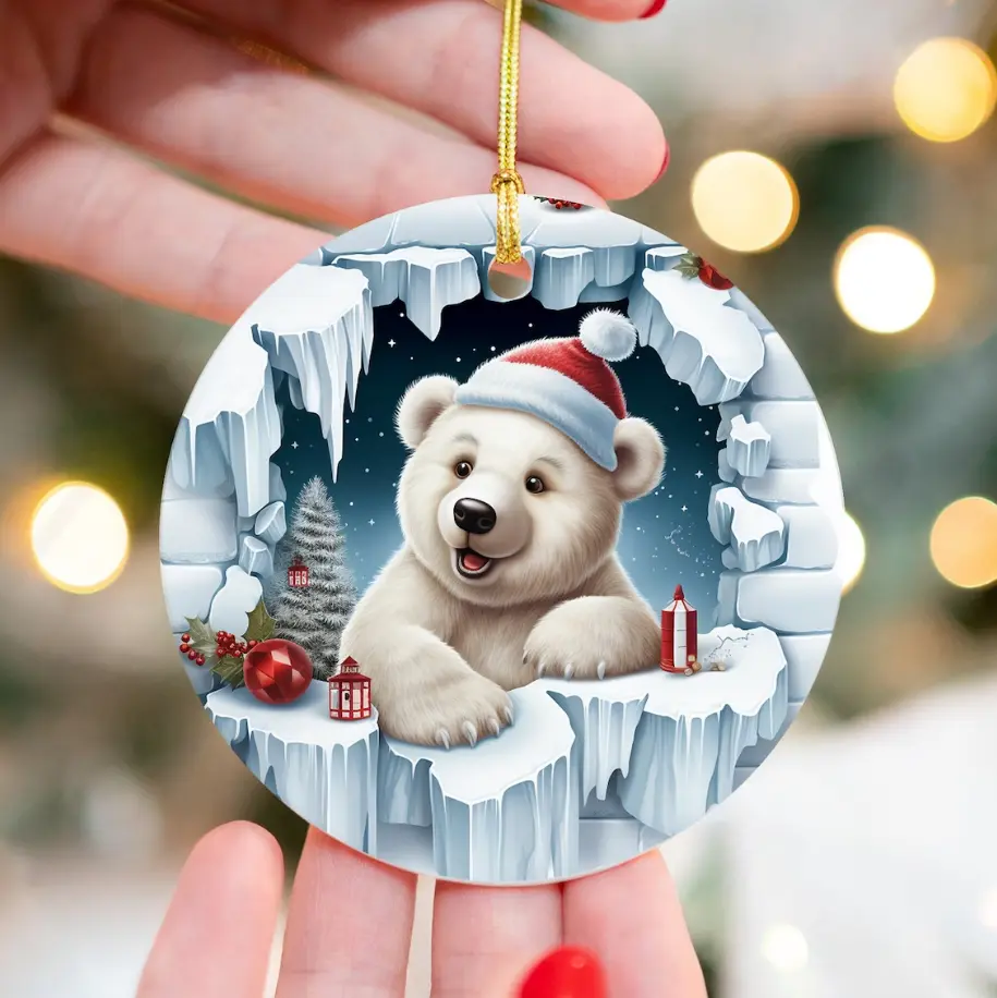 3D Polar Bear Christmas Ornament, Christmas Round Ornament 3D Christmas Ornament