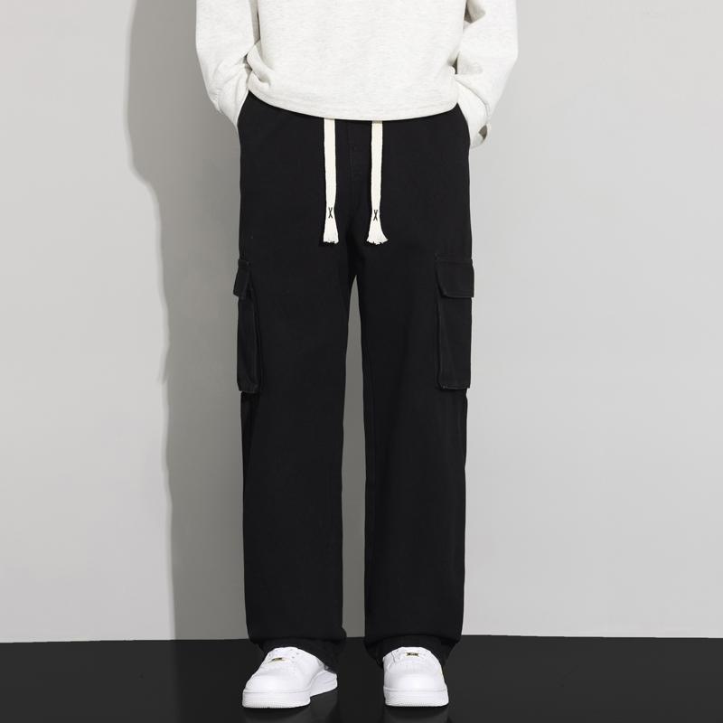 Men's Spring & Autumn Loose-Fit Cargo Jeans, Trendy Retro Light-Wash Casual Trousers, American Street Style Straight-Leg Pants with Large Pockets and Drawstring Waist