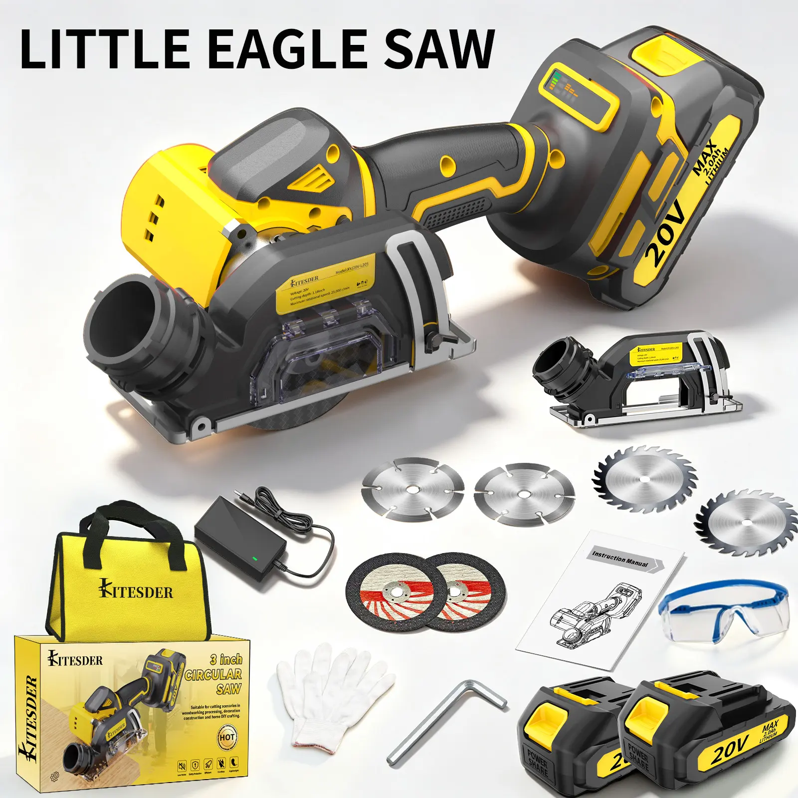 KITESDER 20V Max Portable Mini Circular Saw - 3-Inch, 19500 RPM, 2.65 lbs, Adjustable Cutting Depth, Quick Blade Change, Dust Ejector, Diamond Blade Compatible for Wood, Metal, Tile Cutting, Batteries Included, Women's Tool Bag for Home Improvement