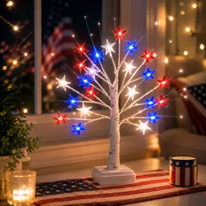 Set of 1 or 2, July 4th National Day, Independence Day, red, white, and blue star design, holiday decorative lights, 24 LEDs, party and gathering decorations, powered by either USB or battery pack, Memorial Day