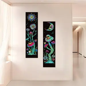 Neon Psychedelic Art Skull Sun Moon Mushrooms Tapestry, 2 Counts/set Aesthetic Art Vertical Tapestry, Wall Hanging for Home Dorm Decor, Flower Pattern Tapestry