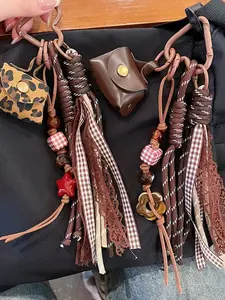 Vintage Brown Plaid Tassel Pendant｜Leopard Print Mini Bag, Leather Small Pouch With Double Storage, Beaded Star And Flower Decorations, Forest-Style Artsy Commuter Bag/Delicate Keychain Pendant, Bag Charm Keychain, Purse Accessories