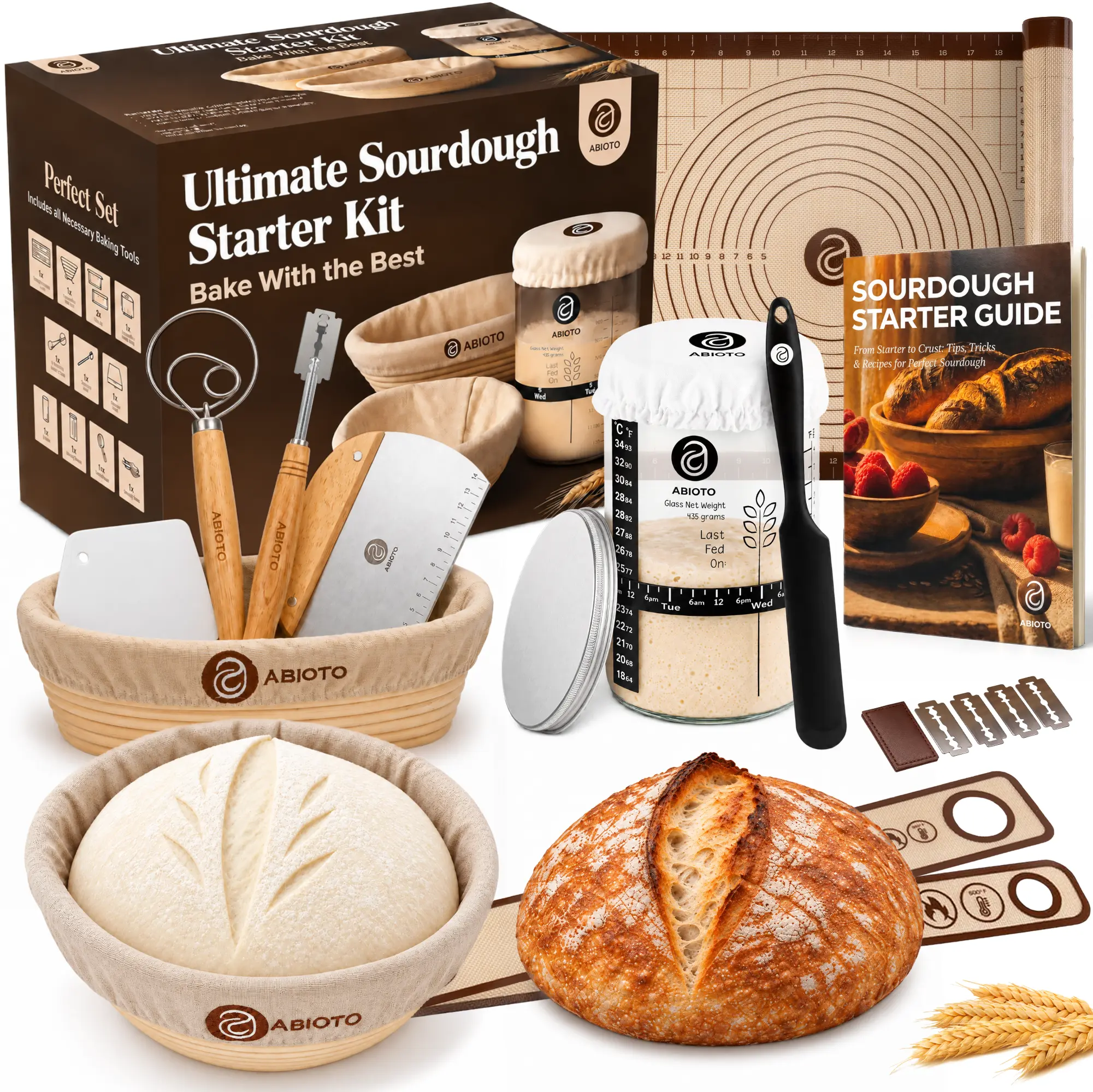 ABIOTO Sourdough Starter Kit for Beginners - Complete Bread Making Set with 9" Rattan Banneton Proofing Basket, Starter Jar with Thermometer, Danish Whisk, Bread Lame & Dough Scrapers