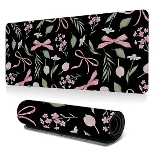 Pink Bow Ribbon Gaming Mouse Pad Extra Large Dark Aesthetic Mouse Pads for Desk XXL Mouse Pad for Laptop 35x16Inch Non-Slip Rubber Base Stitched Edge, Desk Accessories, Suitable for Office and Home Perfect Gift for Girlfriends and Women